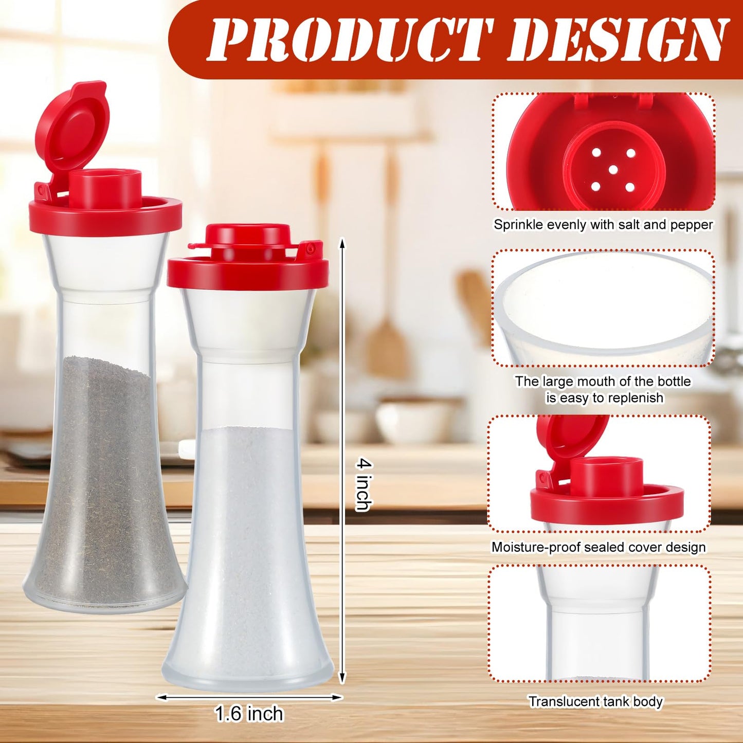 Reallnaive 2 Pcs Mini 4 Inch Plastic Salt and Pepper Shakers Set - Hourglass Covered Salt Pepper Shakers with Lids Airtight Seasoning Bottle Dispenser for Home Kitchen Restaurant Lunch Outdoor Picnic