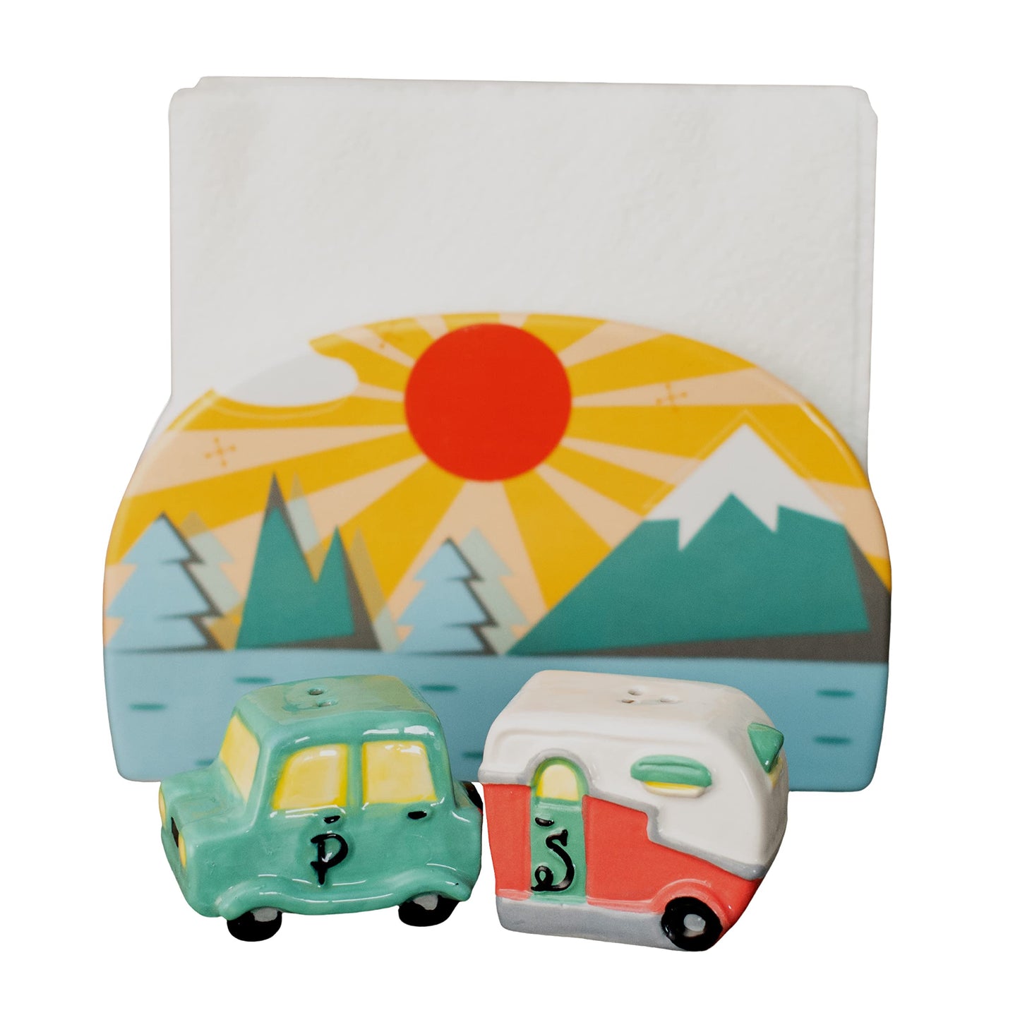 Salt and Pepper Car and Camper Spice Shakers & Napkin Holder, Sun and Moon Reversible Camping Decor, Spice Set, Retro Refillable, 4.6 x 7.2 x 2.5, Travel Camper Accessories