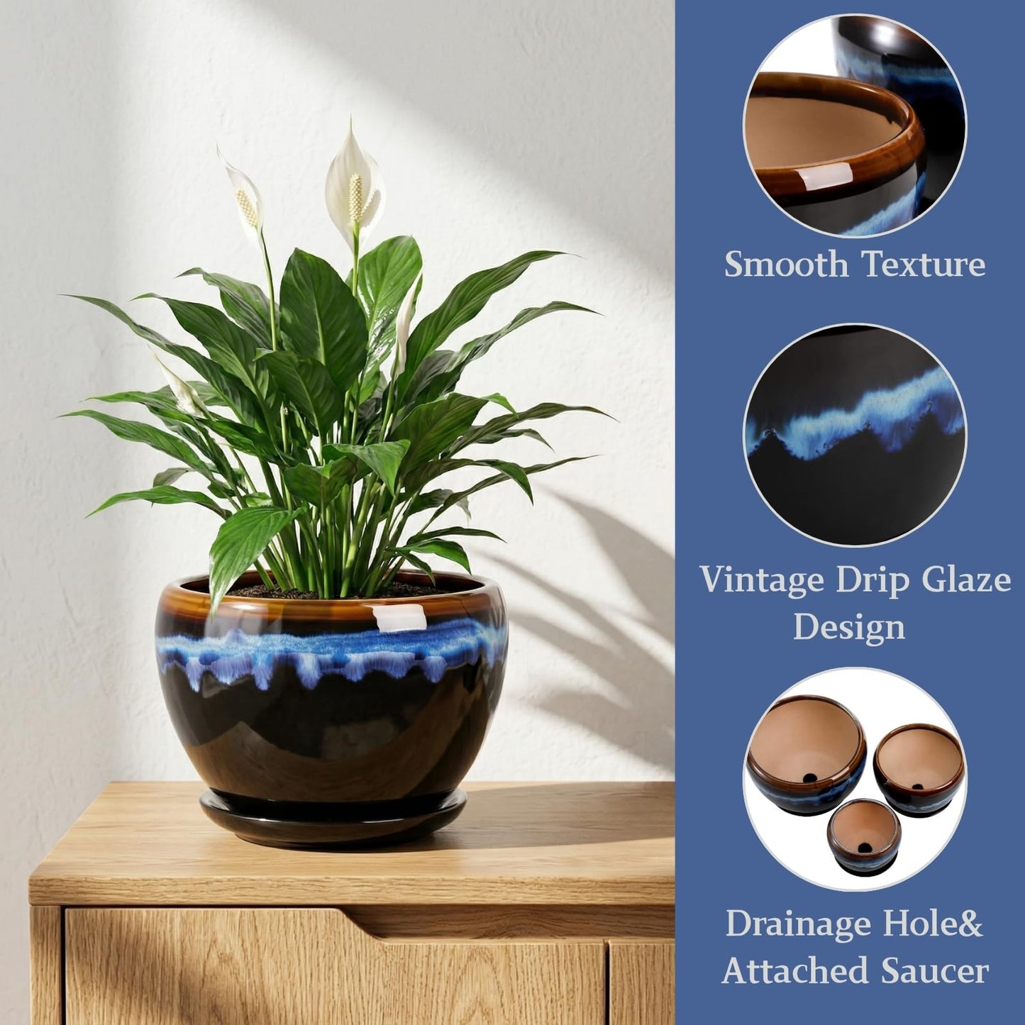 AVLA 3 Pack Ceramic Flower Pots, Gardening Drip Glazed Planter, Plant Pot with Drainage Hole and Saucer, 7/5/4 Inch Rustic Houseplant Container for Succulent Herbs Cactus Orchid, Home Indoor Outdoor