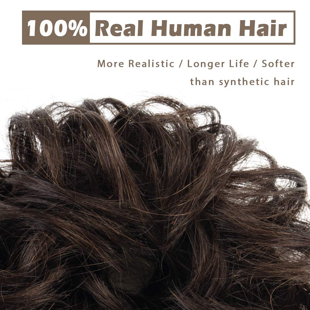 100% Human Hair Scrunchies, BARSDAR Curly Messy Bun Hairpiece Extensions Wedding Hair Pieces for Women Messy Bun Real Hair Updo Donut Chignons 2# Dark Brown