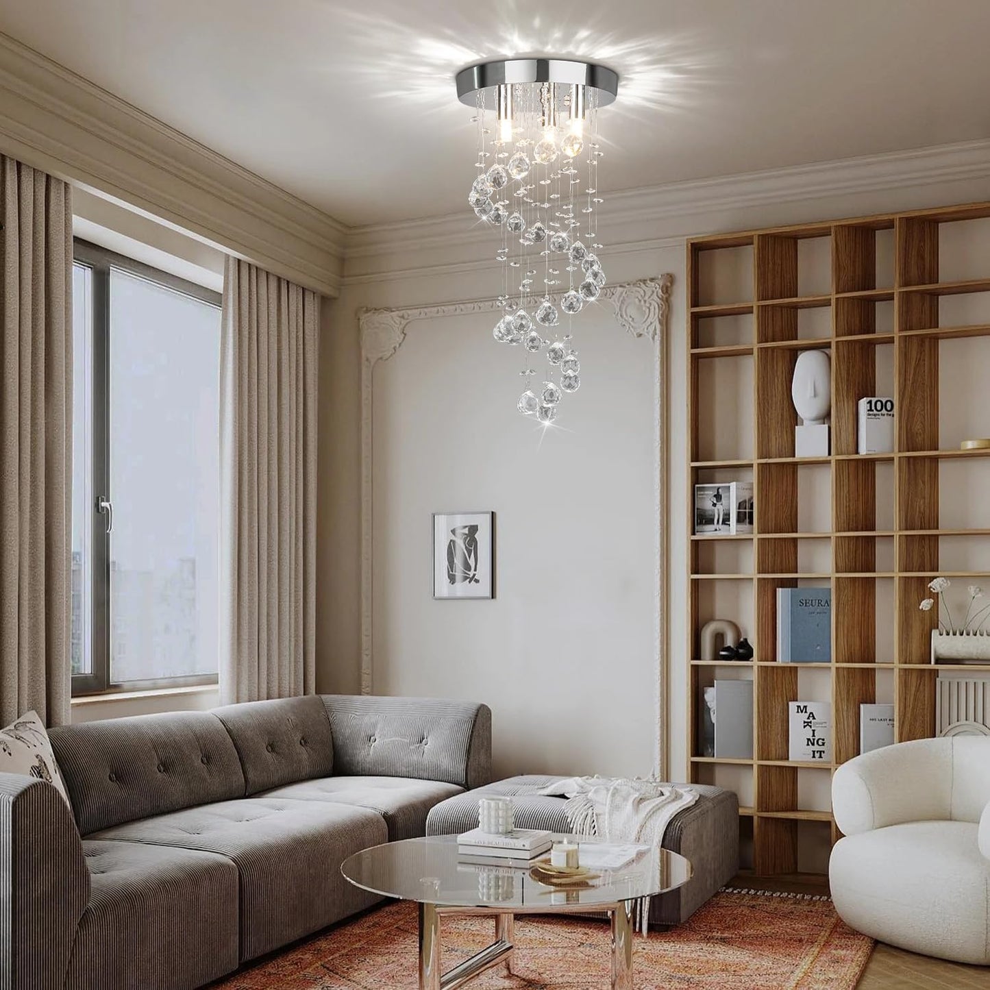 CRYSTOP 3-Lights Spairal Crystal Chandelier,Modern Raindrop Light Fixture Pendant Ceiling Mount Lamp Lighting Fixtures for LivingRoom, Bedroom, Bathroom D9“ X H21.3”
