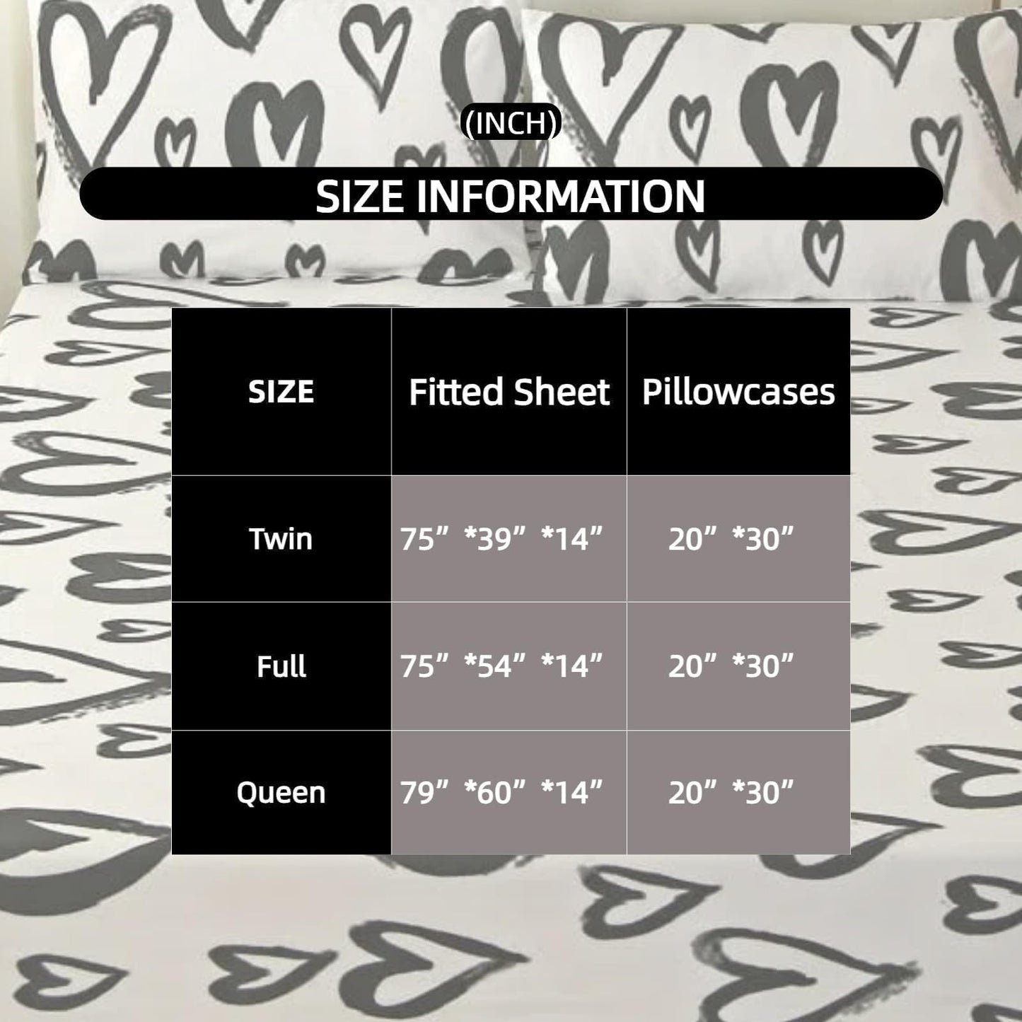SDIII Love Heart Fitted Sheet Twin with 2 Pillowcases, Deep Pocket Soft Microfiber Black and White Romantic Bed Sheet