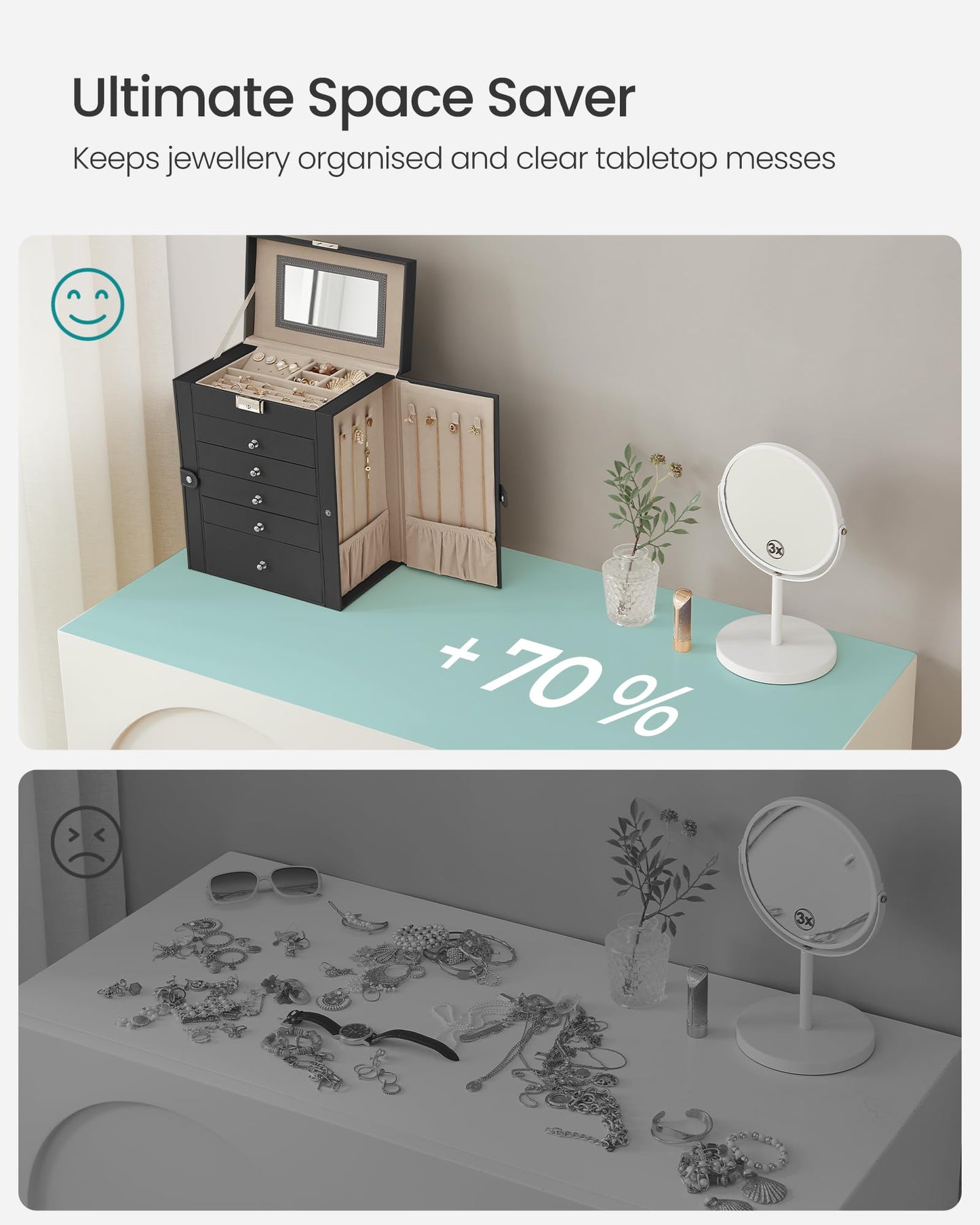 SONGMICS Jewellery Box 6 Tiers, Jewellery Case with 5 Drawers, Large Storage Capacity, with Mirror, Lockable, Jewellery Storage Organiser, Gift for Loved Ones, for Watches, Black JBC152B01
