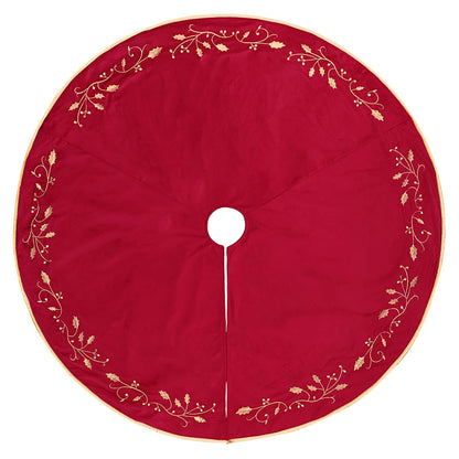 Bunny Chorus Christmas Tree Skirt, 48 inches Red Luxury Velvet Plush Fur Skirts with Gold Embroidered Holly Leaf for Rustic Xmas Tree Holiday Decorations