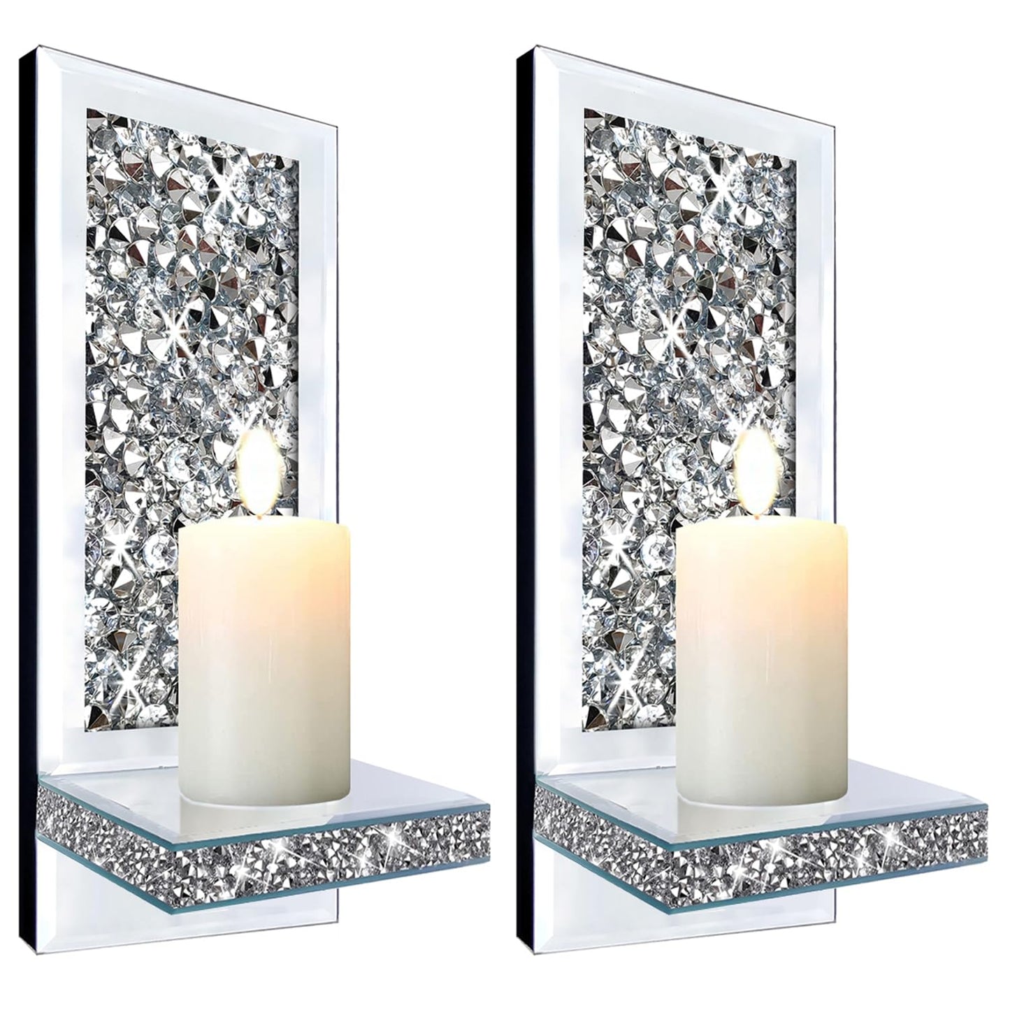ZOLAPI Set of 2 Crystal Crush Diamond Candle Sconces, Gorgeous Silver Mirrored Wall Sconce, Candle Holder Glass Wall Decorations for Home Décor, Living Room, Dining Room. 1A