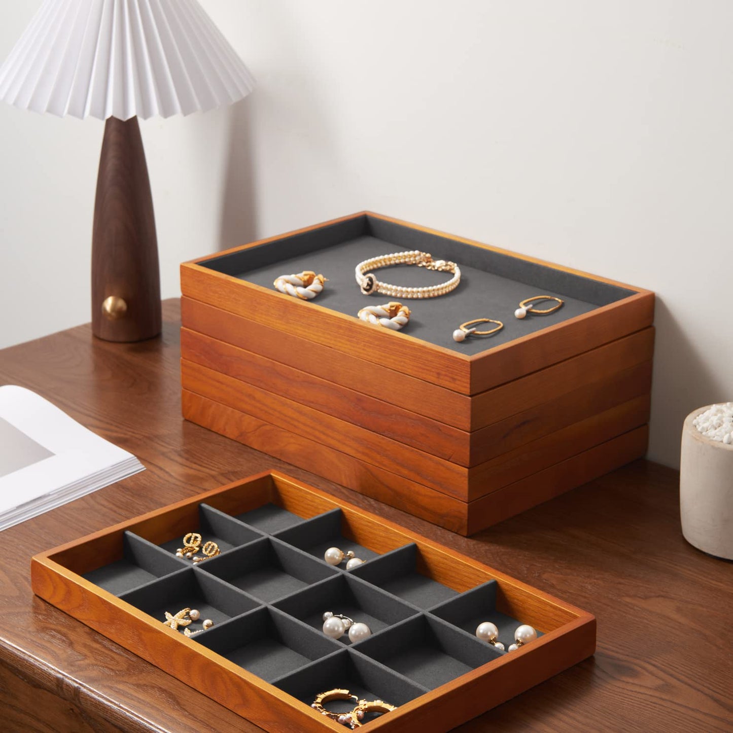 Oirlv Wood Flat Jewelry Tray Stackable Jewelry Drawer Organizer Showcase Jewelry Holder(Grey)