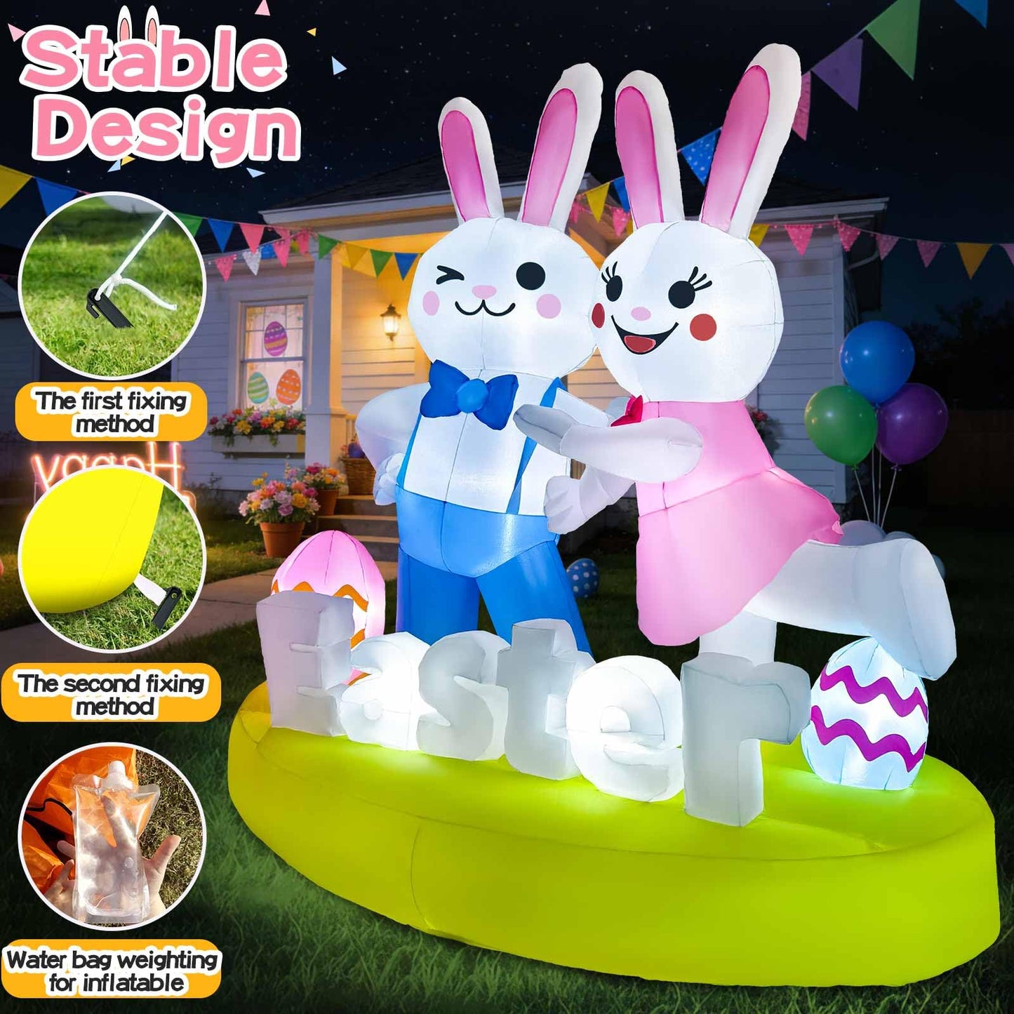 6FT Easter Inflatables Outdoor Decoration Inflatable Bunny Lover Dancing Built in LED Lights Bunny Blow Up Yard Decoration for Lawn Garden Holiday Party(with Storage Bag)
