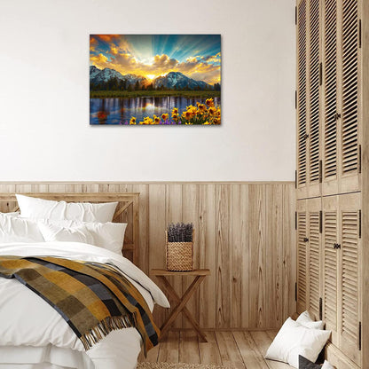 SKASNFAI Grand Teton National Park Wall Art Sunflower Landscape Canvas Mountain Artwork Landscape Print for Living Room Framed (24x36 inch)