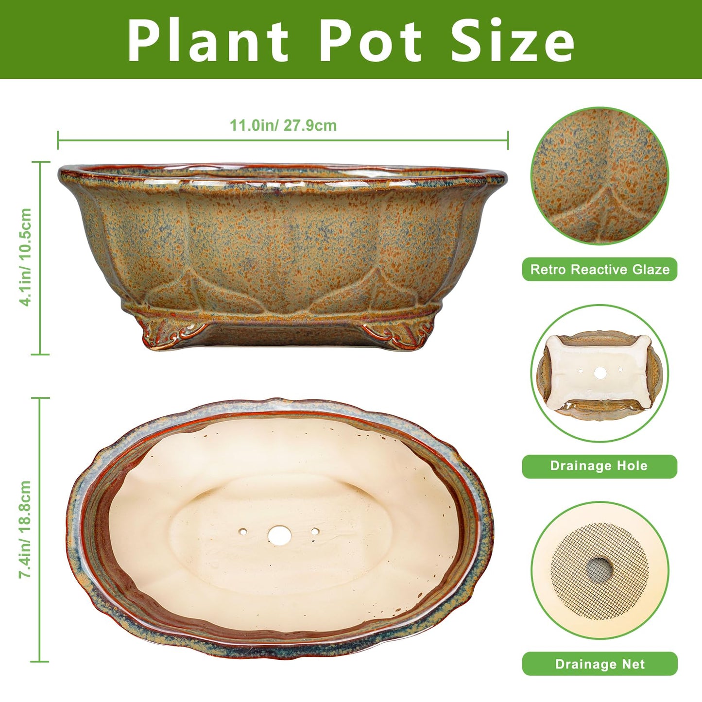 Teagas Ceramic Bonsai Pots - 11 Inch Succulent Planters for Indoor Outdoor Plants, Bonsai Tree Pots with Drainage Hole, Shallow Succulent Plant Pot, Room Decor, Plant Lover Gift, Oval Yellowish Brown