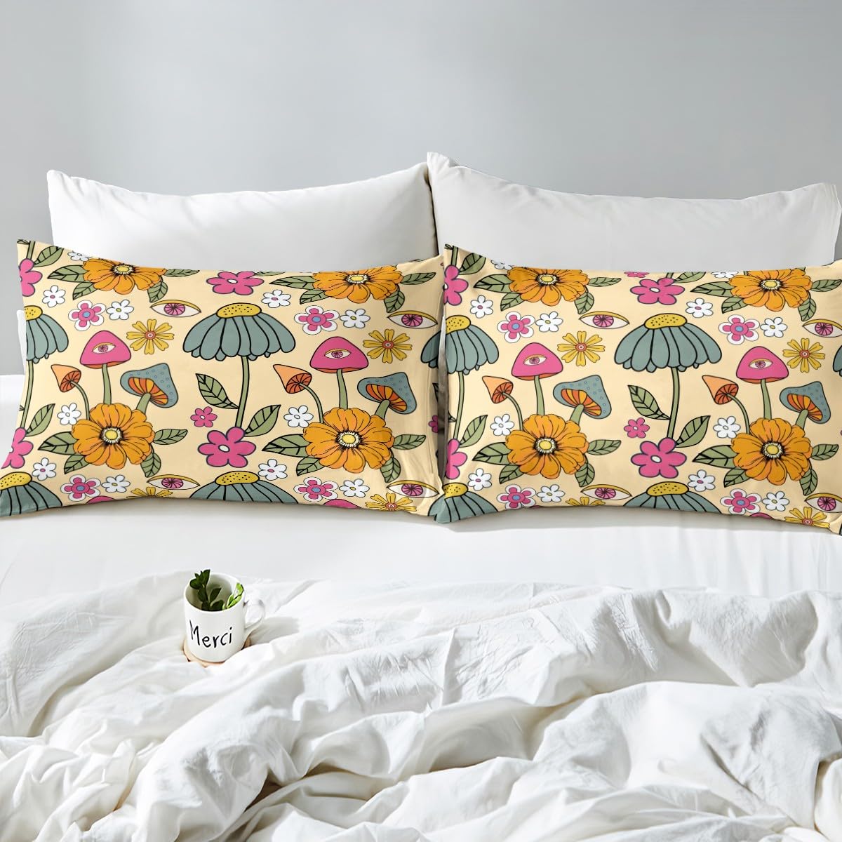 70s Retro Floral Fitted Sheet Set Full Size 4pcs,Hippie Flowers Leaves Bedding Sets(1 Fitted, 1 Flat, 2 Pillowcases) Cartoon Eyes Mushroom Luxury Deep Pocket Bed Sheets, Modern