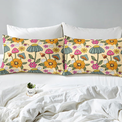 70s Retro Floral Fitted Sheet Set Full Size 4pcs,Hippie Flowers Leaves Bedding Sets(1 Fitted, 1 Flat, 2 Pillowcases) Cartoon Eyes Mushroom Luxury Deep Pocket Bed Sheets, Modern