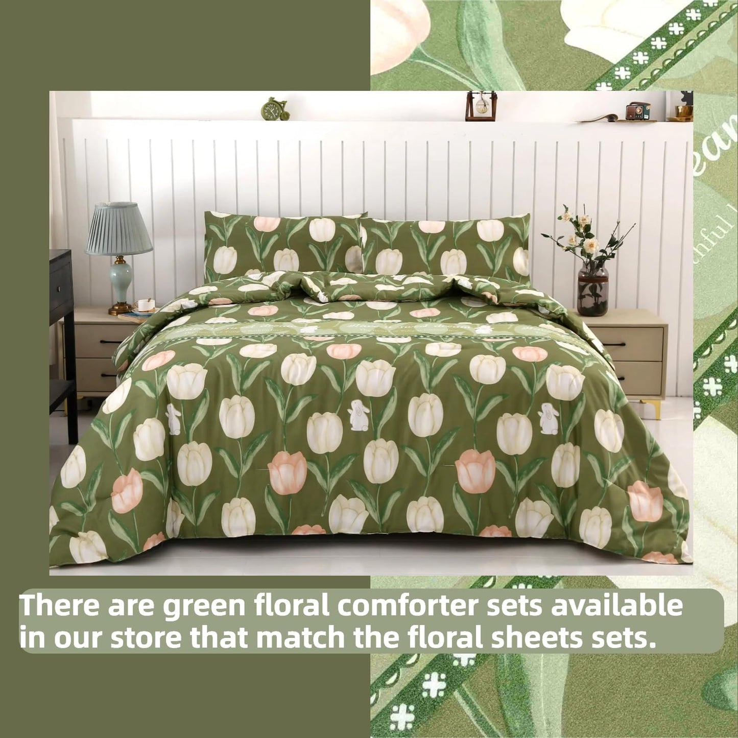 SDIII 4PCS Rabbit and Green Floral Bed Sheets Twin Set, Soft Microfiber Twin Bed Sheets Floral, Botanical Bedding Sheet All Season