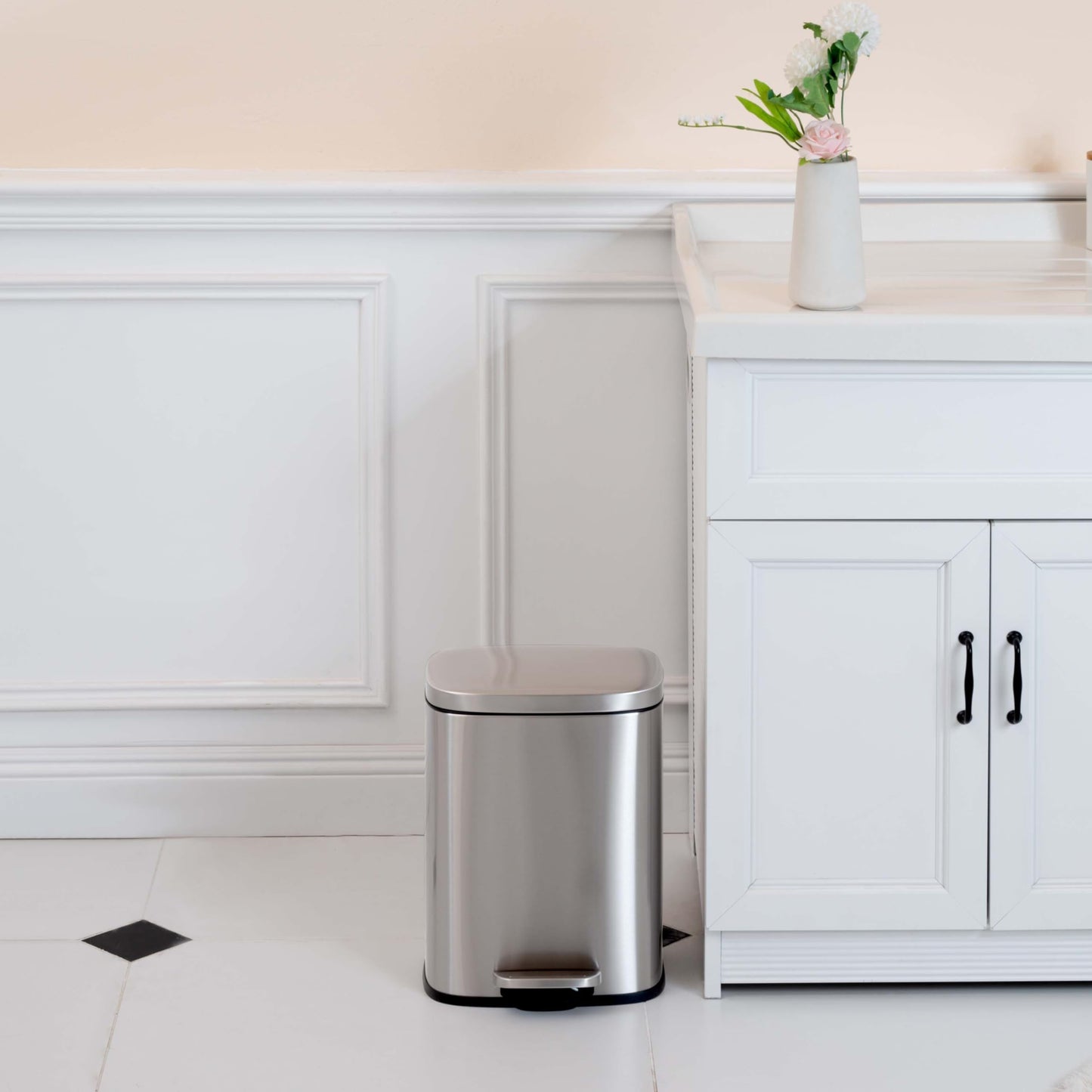 Amazon Basics Smudge Resistant Rectangular Trash Can With Soft-Close Foot Pedal, Brushed Stainless Steel, 50 Liter/13.2 Gallon, Satin Nickel Finish, 16.7"L x 14.7"W x 25.9"H