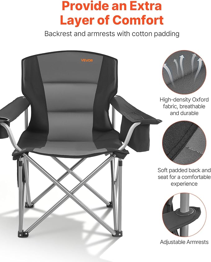 VEVOR Oversized Camping Folding Chair, Portable Heavy Duty Outdoor Quad Lumbar Back Padded with Side Pockets, Cup Holder and Cooler Bag for Beach, Lawn, Picnic, Fishing, Backpacking, 2 Pack