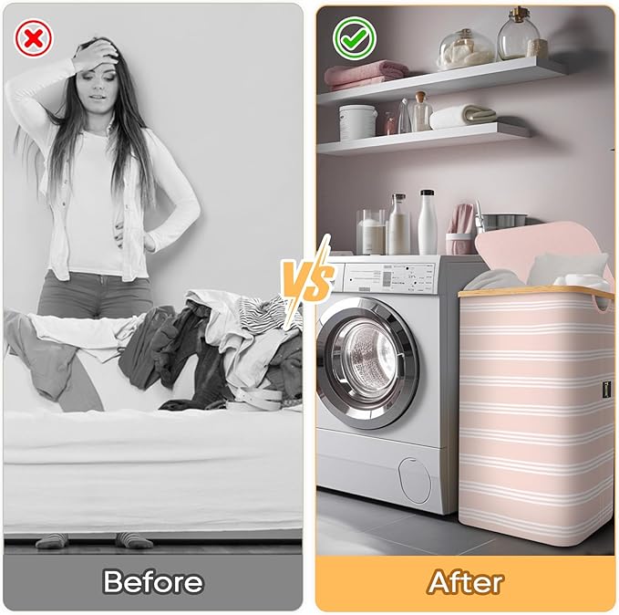 BALEINE Laundry Hamper with Lid, Tall Laundry Baskets with Bamboo Pull Handles