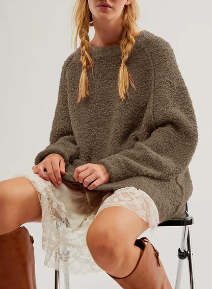 Beaully Women's Oversized Long Sleeve Crewneck Fuzzy Knit Warm Sweaters 2025 Fall Pullover Sweater Tops