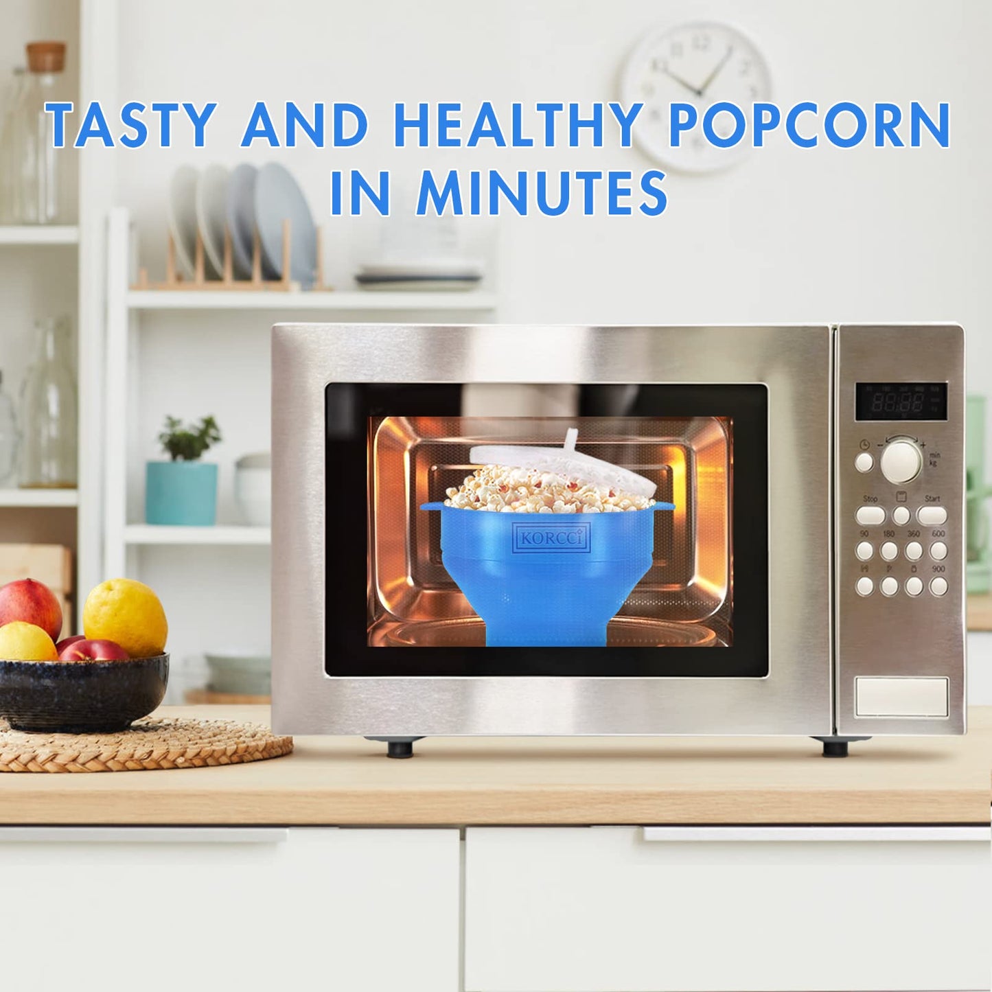 The Original Korcci Microwaveable Silicone Popcorn Popper, Microwave Popcorn Popper, Collapsible Microwave Popcorn Maker Bowl, No Oil Required, Use In Microwave, Dishwasher Safe (Blue)