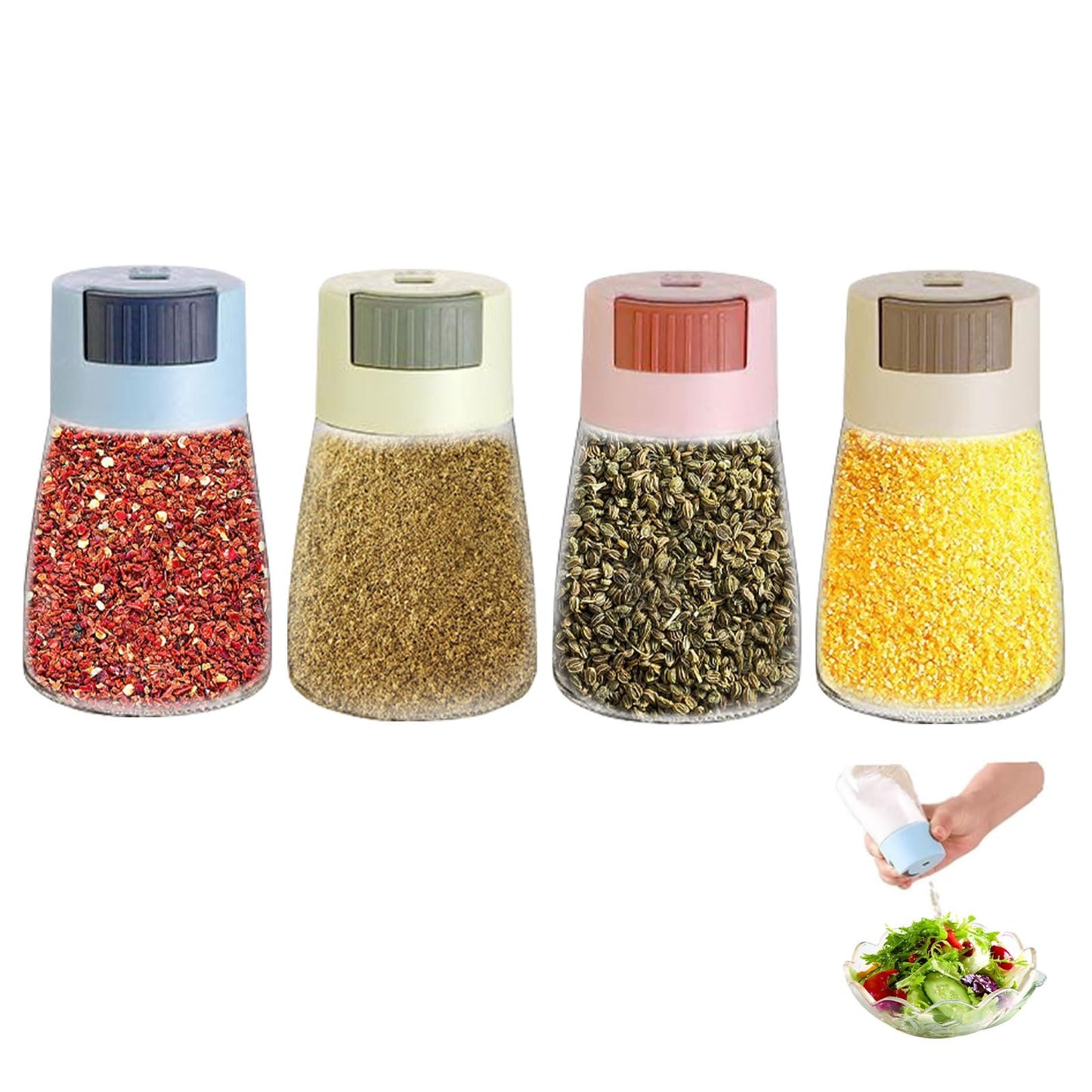4Pcs Glass Spice Jars for Kitchen, 180ML/6.09oz Airtight Clear Glass Spice Seasoning Bottle Containers with Pressure Dosage Glass Metering Spice Salt Pepper Cumin Powder Sugar Dispenser