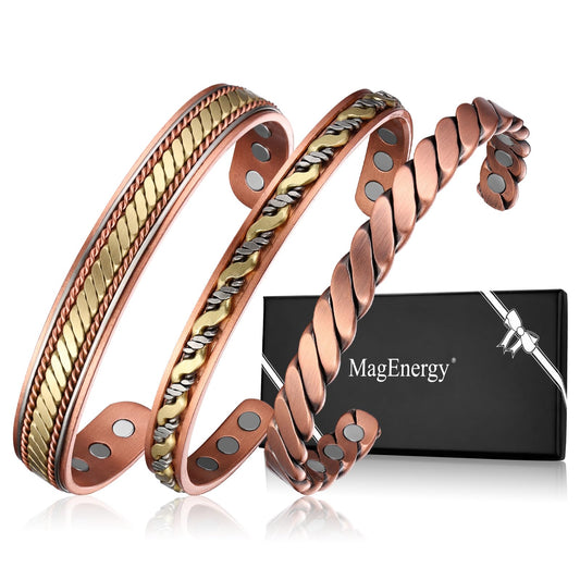 MagEnergy Copper Bracelets for Women Men, Set of 3 Pcs, Magnetic Therapy, Handmade 99% Copper Cuff Bracelet, Jewelry Gift Box