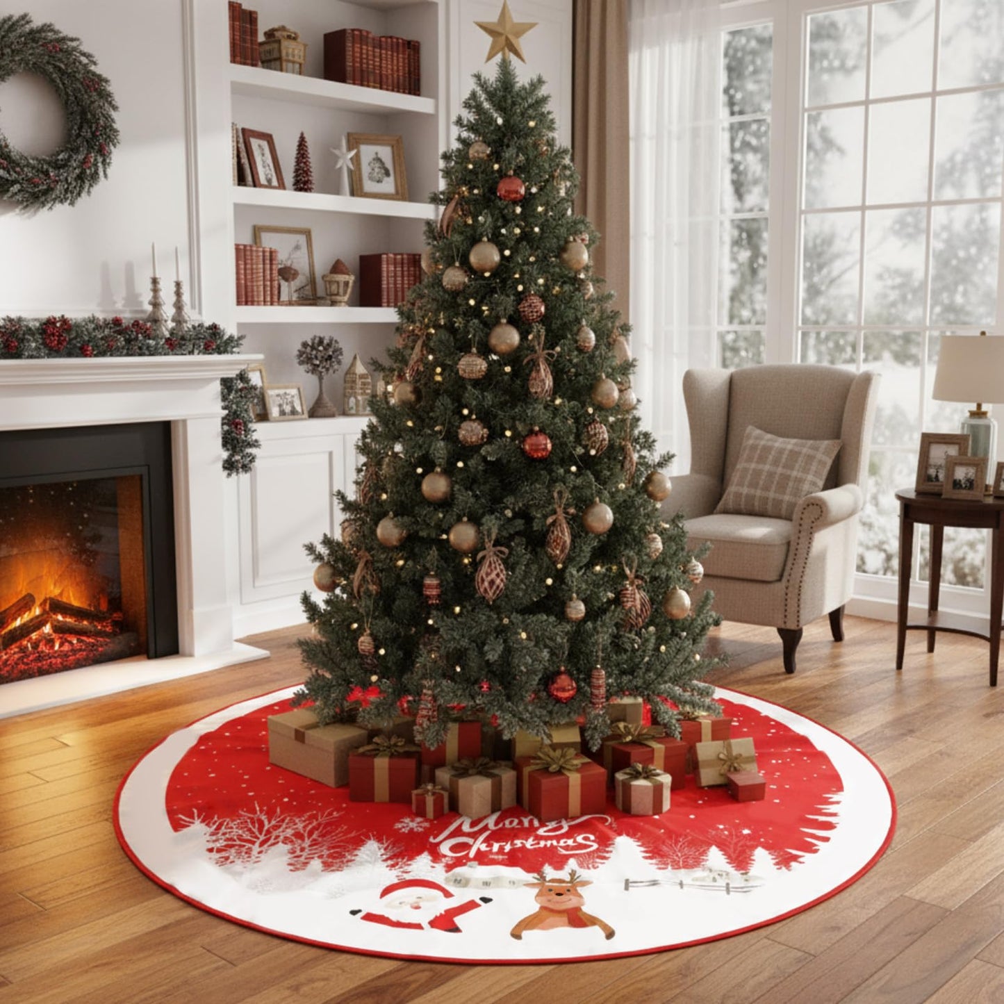 Sosation 72 Inches Large Christmas Tree Skirt Red Xmas Tree Ornaments with Snowy Pattern Soft Plush Reindeer Snowflake Holiday Party Mat for Merry Christmas Party Winter Holiday Home Decorations