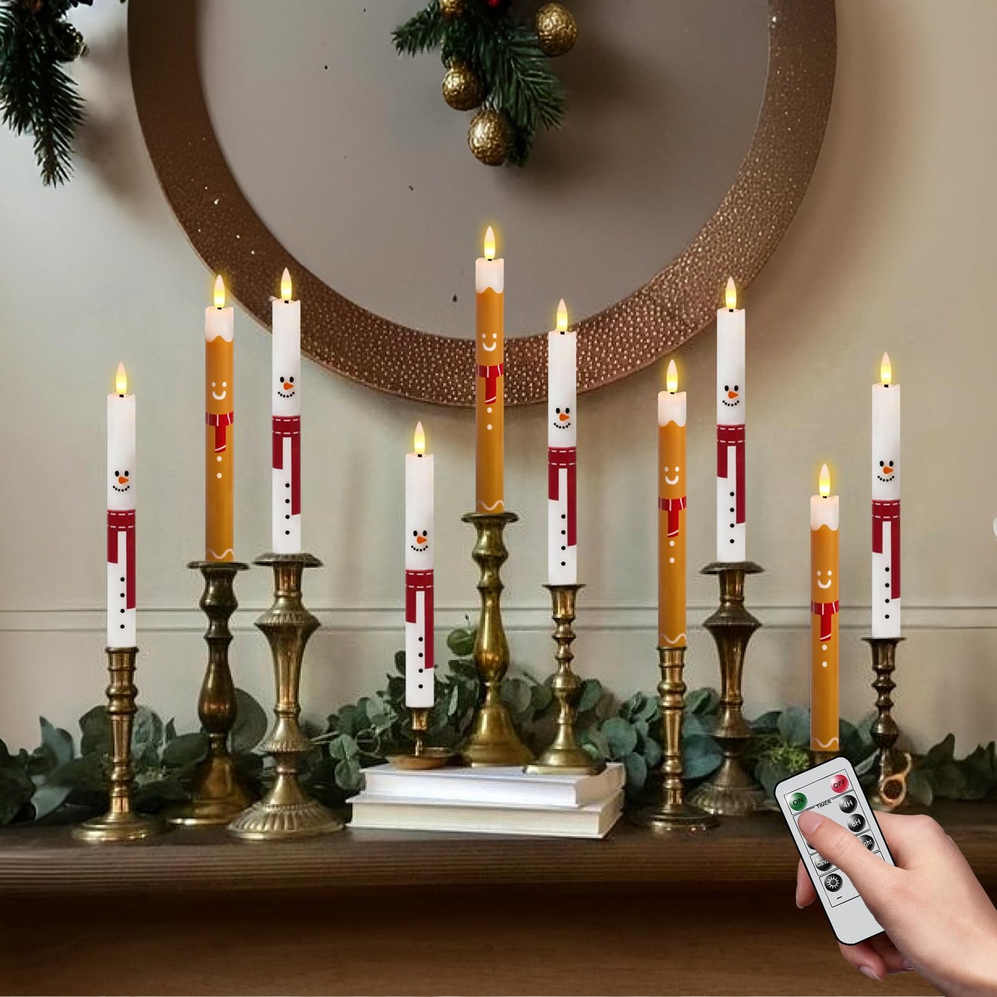 KunSwenn Christmas Flameless Taper Candles, Taper Candles Battery Operated with Remote, 6 Pcs LED Candlesticks with Santa Gingerbread Man Snowman Pattern for Christmas Holiday Decor(Waxy, 0.78”x9.7”)