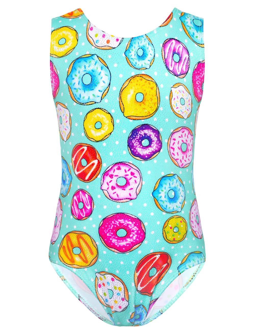 TENVDA Gymnastics Leotard for Girls 5-6 Years Old Sparkly Green Donuts Print Sleeveless Tumbling Outfit Kids Bodysuits
