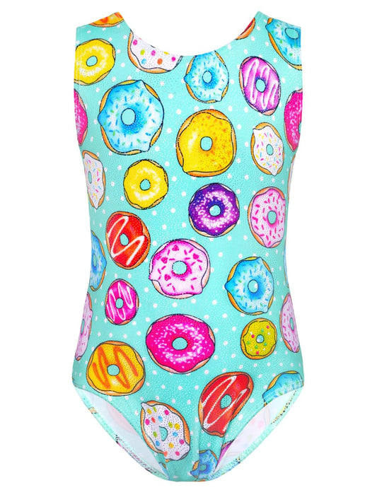TENVDA Gymnastics Leotard for Girls 5-6 Years Old Sparkly Green Donuts Print Sleeveless Tumbling Outfit Kids Bodysuits