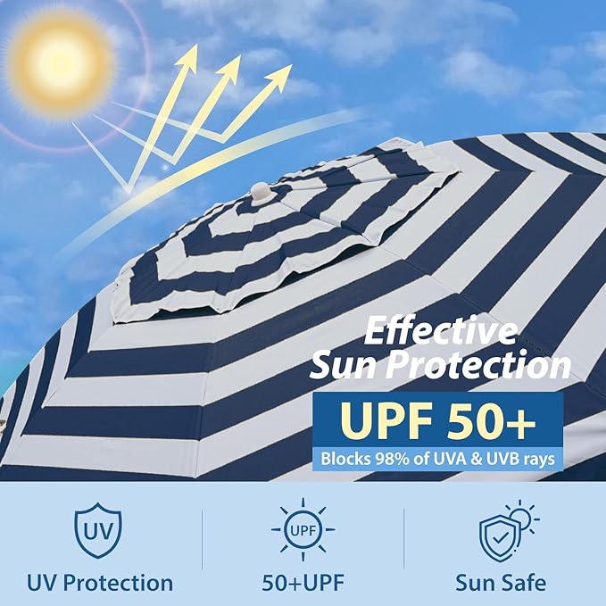AMMSUN Shade Umbrella, Premium Portable Umbrella with Stand, 6.5ft Lightweight Free Standing Canopy for Sporting Games, Adjustable Instant Sun Protection and Easy to Carry, Stripe Blue