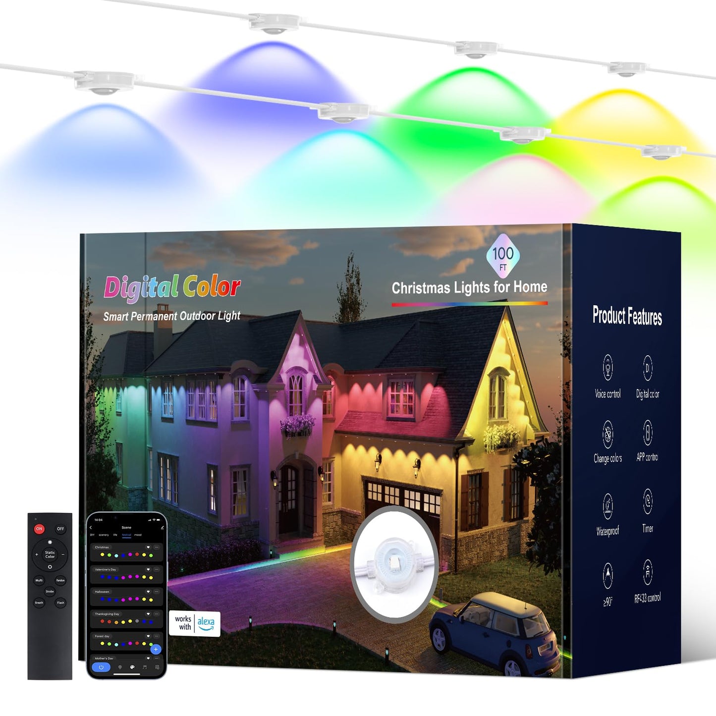 Isablelala Permanent Outdoor Lights, 100ft with 60 RGB LED Lights for Christmas and Daily, 49 Scene Modes+DIY for Christmas Decor, IP66 Waterproof for Outdoor, Compatible with Alexa, Google Assistant