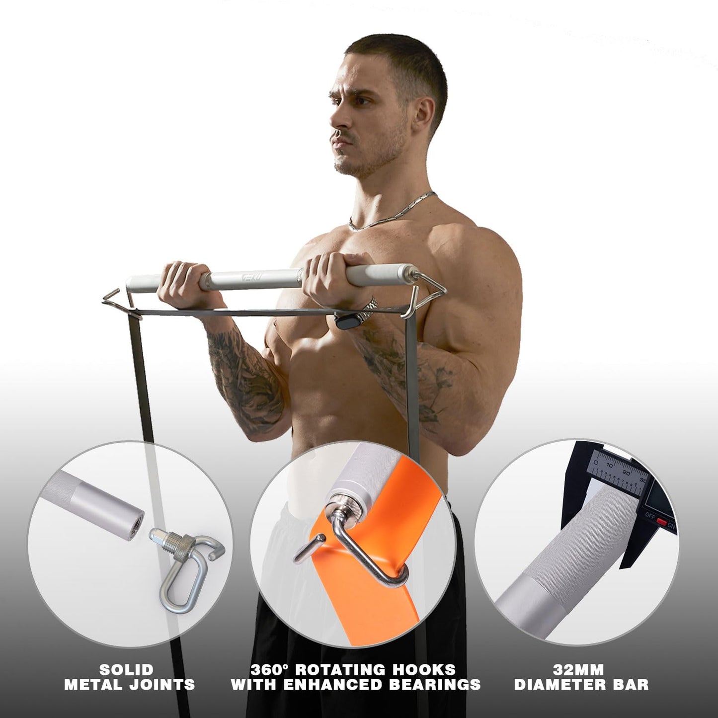 GEKU FIT Aluminum Resistance Band Bar, 3-Section Detachable Heavy Duty Workout Bar for Resistance Band Exercises, Strength Training, and Home Gym (Metal Bar-Enlarged Hooks)