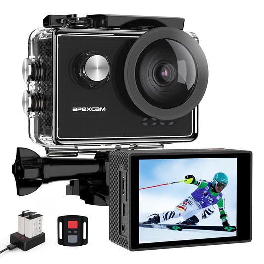 Apexcam 4K 60FPS Action Camera EIS Stabilization 20MP Sports Cam 40M Waterproof Underwater Camera 8X Zoom Support External Mic with Remote Control 2 x 1350mAh Rechargeable Batteries…