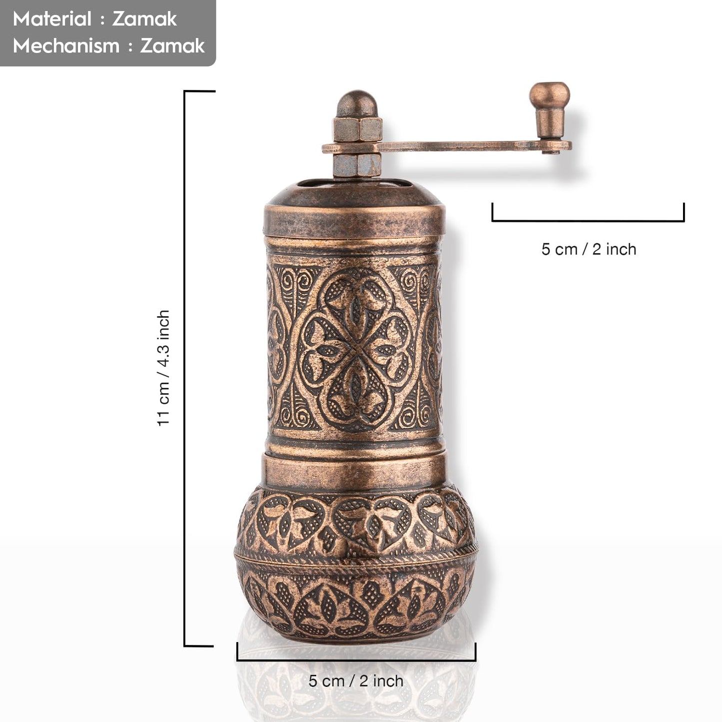 Glios Handmade Decorative Black Pepper Grinder, Refillable Turkish Spice Mill Manual Pepper Mill with Handle, Spice Grinder Metal with Hand Crank 11 cm-4.3 inch