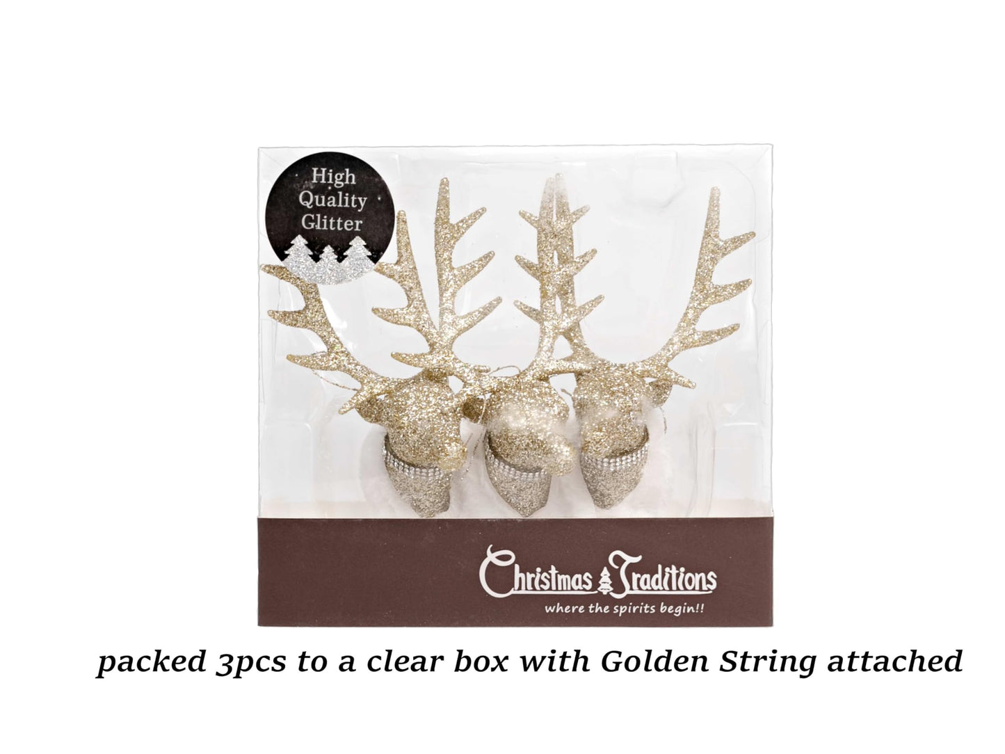 Christmas Traditions 6"(H) x 3.75"(W) Champagne Gold Glittered Reindeer Head Ornaments Hanging Tree Decorations (Champagne Gold)(Small)