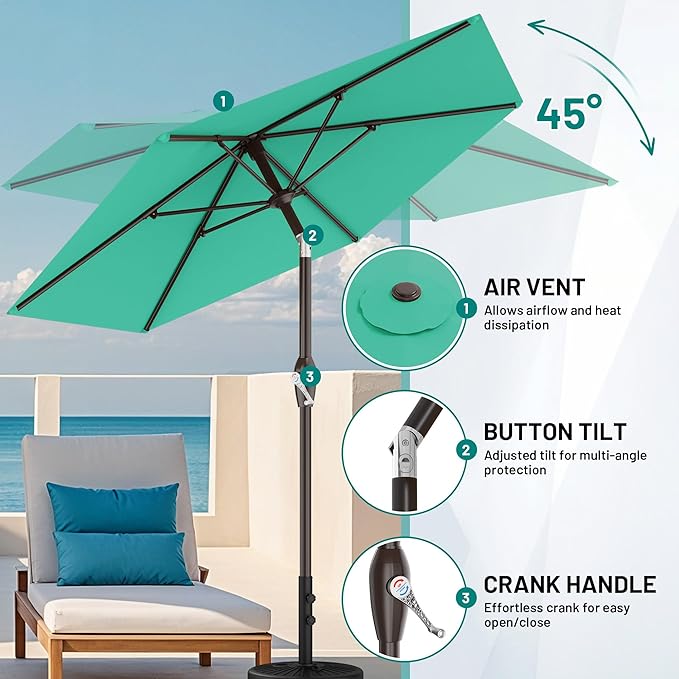 AreShark 7.5FT Patio Umbrella Table Market Umbrella with 6 Sturdy Ribs, Button Tilt/Crank Heavy-Duty Round Outdoor Umbrellas for Garden, Deck, Backyard,and Pool, Aruba Blue