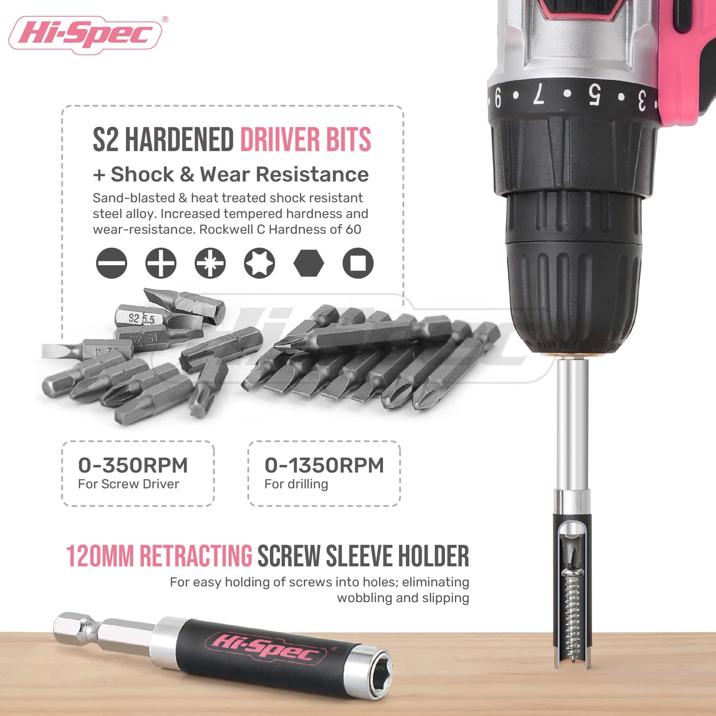 Hi-Spec 58pc 18V Pink Womens Electric Cordless Power Ladies Drill Driver Set with Rechargeable Battery, Power Screwdriver Bits, Wood and Metal Drill Bits. All in a Compact Case