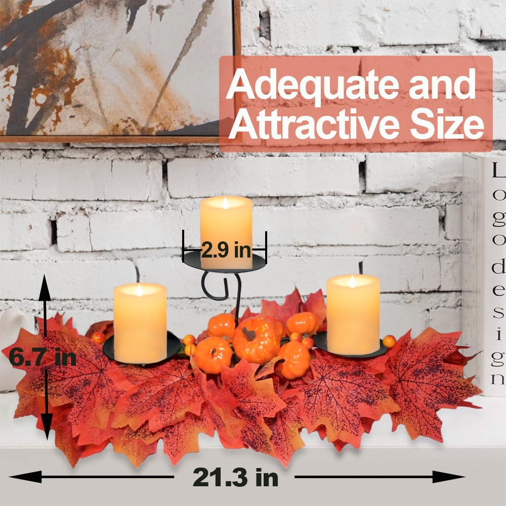 Fall Candle Holder Fall Table Centerpiece with Lights Thanksgiving Table Decor with Pumpkins Berries Maple Leaves Autumn Harvest Decoration with 3 Candle Holders for Dining Table Fireplace Home Decor