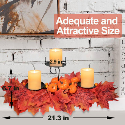 Fall Candle Holder Fall Table Centerpiece with Lights Thanksgiving Table Decor with Pumpkins Berries Maple Leaves Autumn Harvest Decoration with 3 Candle Holders for Dining Table Fireplace Home Decor