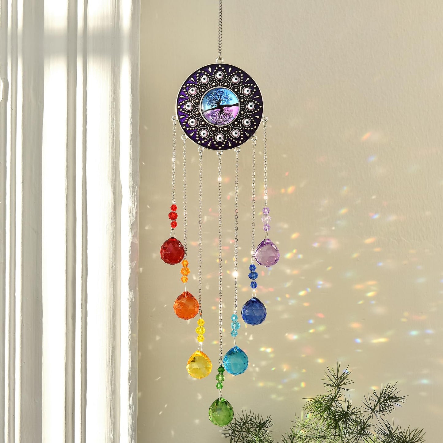Tree of Life Crystal Sun Catcher, Hanging Sunlight Catcher, Sun Catchers with Crystals, Crystal Wind Chime, Birthday Gift, Home Decoration (Purple)