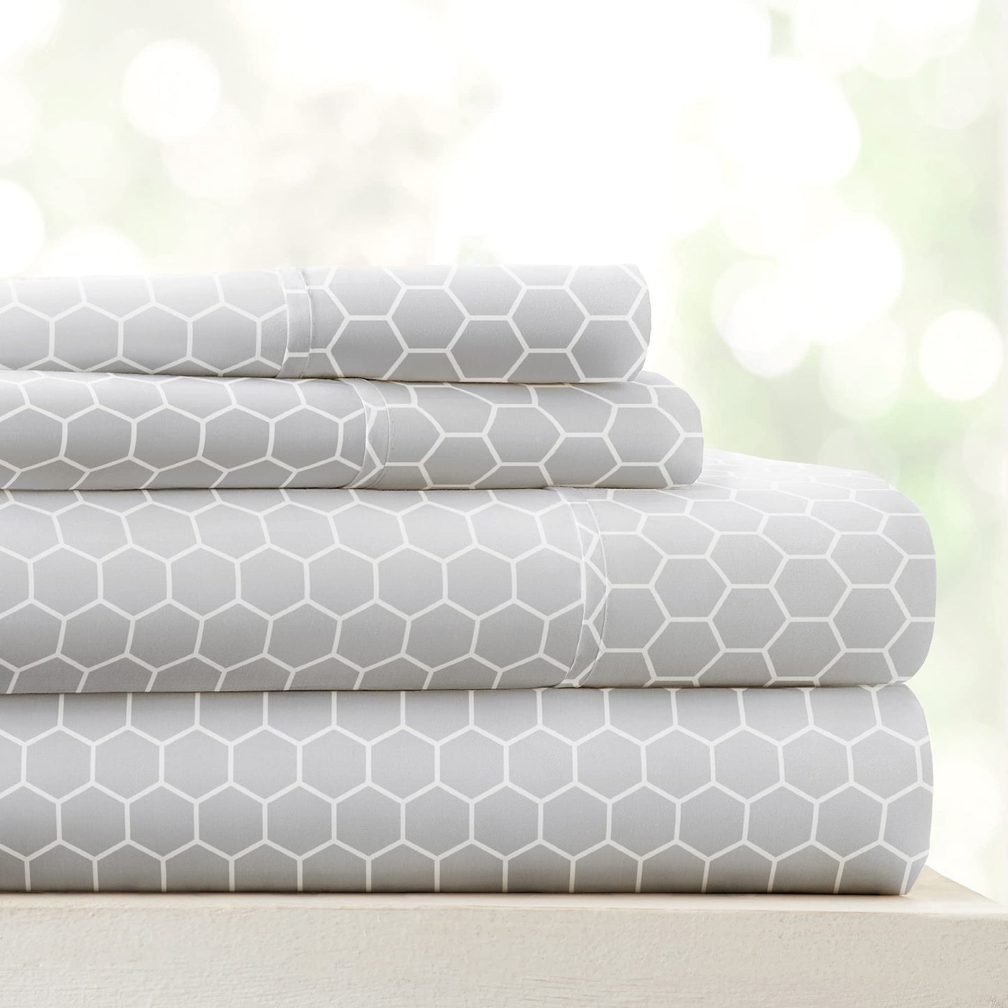 Linen Market 4 Piece King Sheet Set - Breathable, Double-Brushed Patterned Cooling Sheets – Oeko-TEX Certified Ultra Soft & Wrinkle-Free 16" Deep-Pocket King Sheets - Easy Care Honeycomb Light Gray