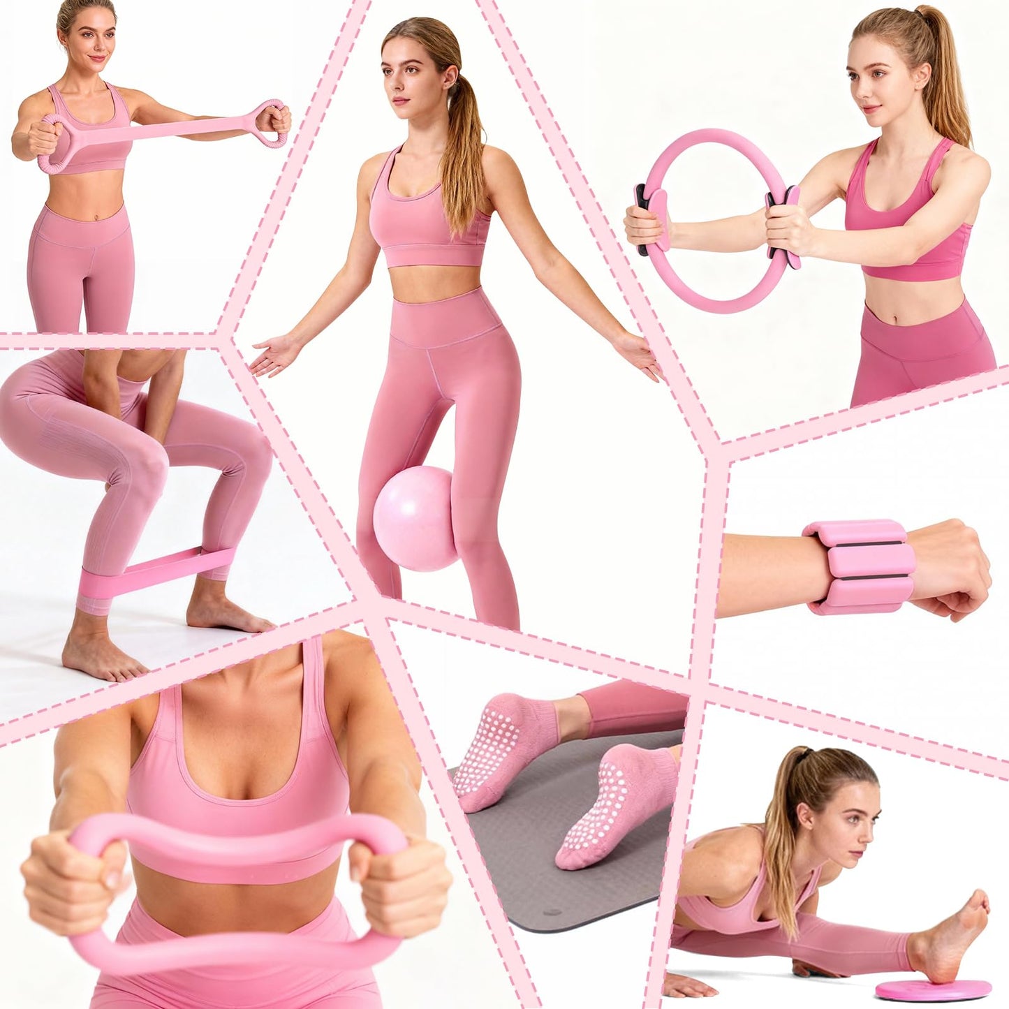 Pilates Equipment Kit for Home Workouts - 18pcs Set- 14'' Pilates Ring and Ball Set for Women, Pilates/Yoga Accessories Kit with Wrist Weights, Resistance Bands, Core Sliders, Yoga Strap (pink)
