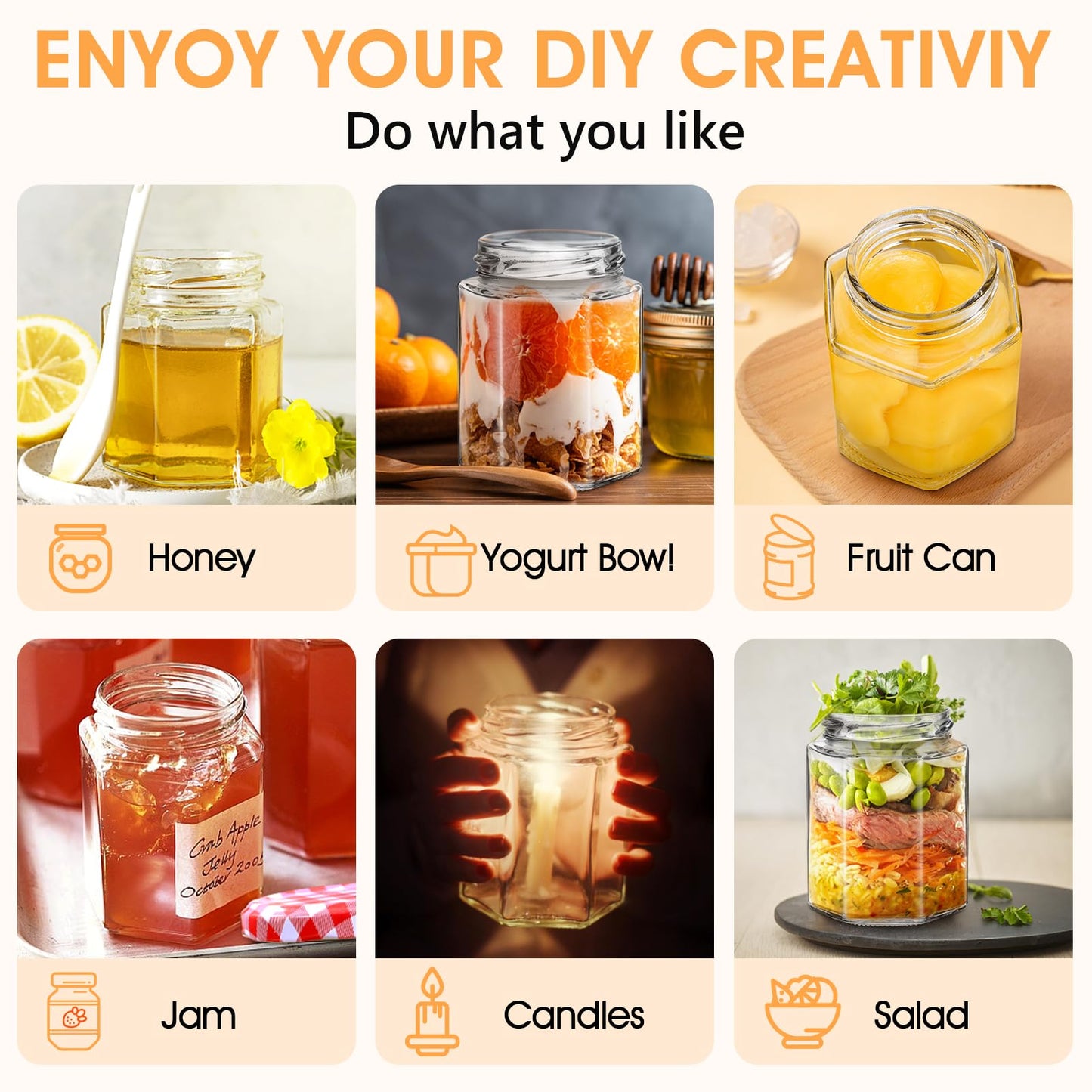Showvigor Glass Jam Jars with Red Gingham Lid - 280ml/9oz - Hexagonal Storage Glass Jars, Clear Airtight Jar for Pickling, Chutney, Jam, Coffee - 6 Set