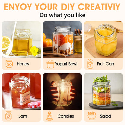 Showvigor Glass Jam Jars with Red Gingham Lid - 280ml/9oz - Hexagonal Storage Glass Jars, Clear Airtight Jar for Pickling, Chutney, Jam, Coffee - 6 Set