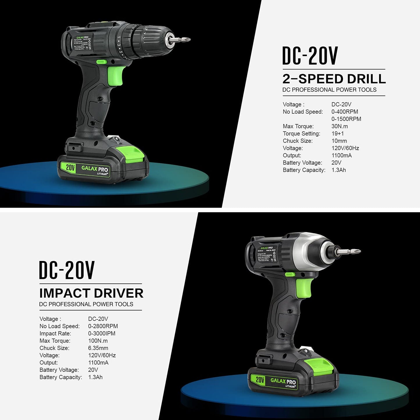GALAX PRO D6001 20V 2-speeds Drill Driver and Impact Driver Combo Kit, Cordless Drill Driver/Impact Driver, 1pcs 1.3Ah Lithium-Ion Batterie, Charger Kit, 11pcs Accessories and Tool Bag