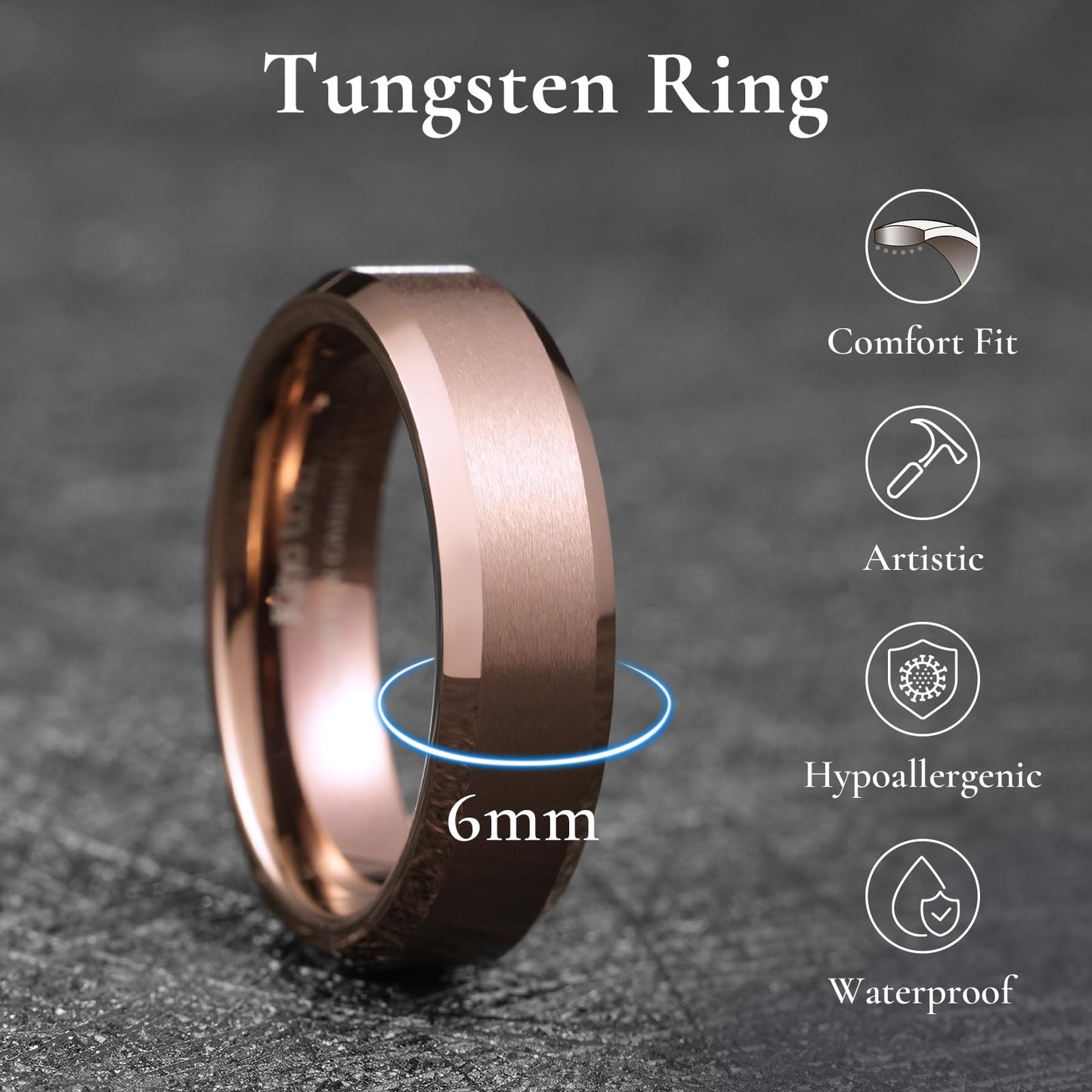 King Will Brown Basic Tungsten Rings For Men 6mm Wedding Band Polished Edge Brushed Matte Promise Ring Comfort Fit, Size 7