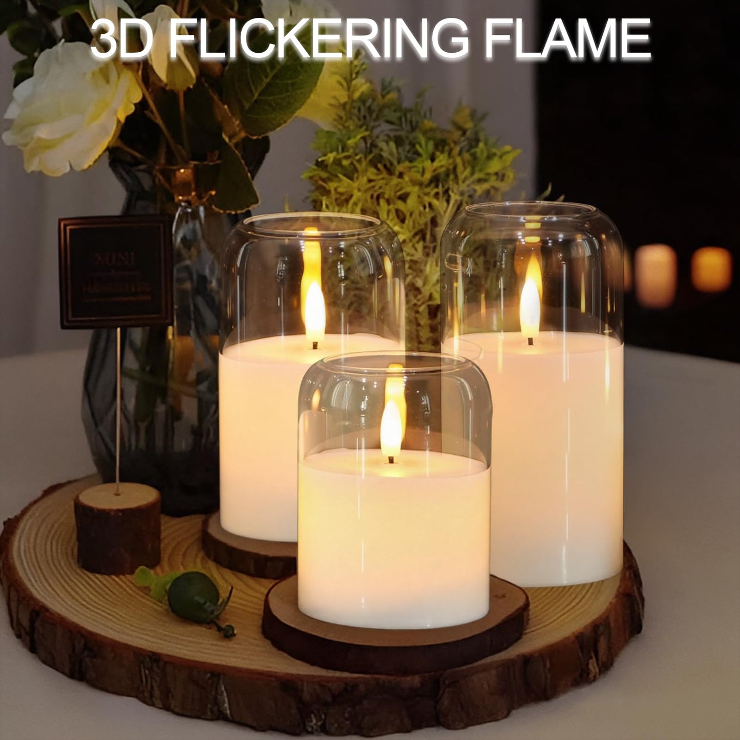 KunSwenn Glass Flameless Candles with Remote, Set of 3 Battery Operated Candles Flickering with Real Wax and 3D Wick, LED Pillar Candle for Home Halloween Christmas Decor(Clear, D3”xH4”5”6”)