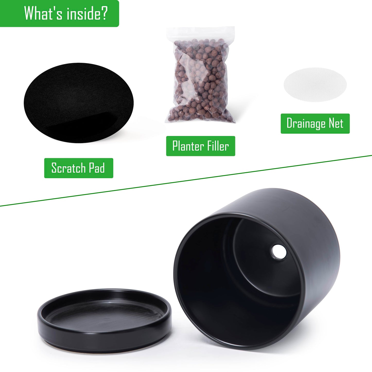 D'vine Dev 3 Inch & 4 Inch & 6 Inch, Set of 3 Round Ceramic Planter Pot with Drainage Hole and Saucer, Black, 94-T-S-2