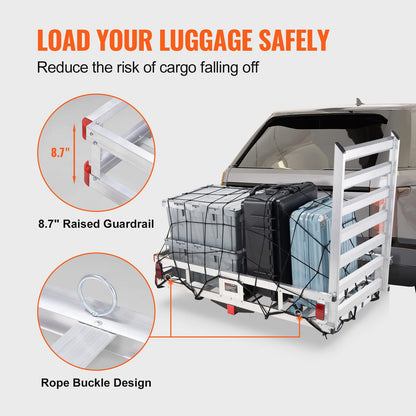 VEVOR 50 x 29.5 x 8.7 inch Hitch Cargo Carrier, 500lbs Capacity Trailer Hitch Mounted Cargo Basket, Aluminum Luggage Carrier Rack with Folding Ramp, Fits 2" Receiver for SUV Truck Pickup Camping