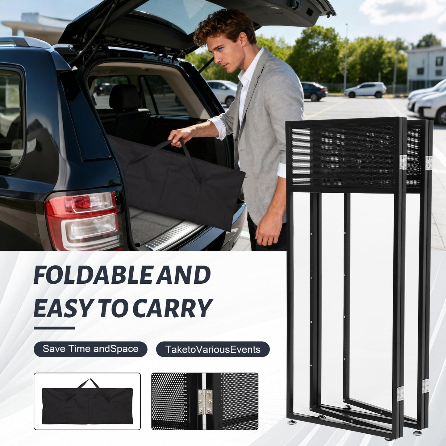 Portable DJ Booth Table Station 44"x42.2"x20.6", Foldable Metal Frame DJ Facade with Black & White Scrims, Detachable 40"x20" DJ Table, Adjustable Height, Carry Bag for Show, Party, Wedding, Events