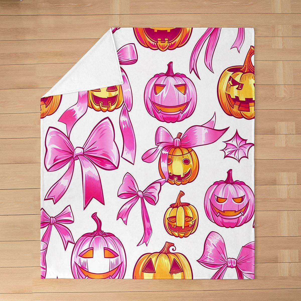 Feelyou Spooky Pumpkin Plush Throw Blanket Halloween Themed Flannel Blanket Throw 50"x60" Bowknot All Season Pink Orange for Couch Bed Sofa Spooky Pumpkin Bedroom Decor