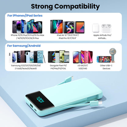 Portable Charger 50800mAh Power Bank with 3 Built in Cables,25W PD QC4.0 Fast Charging USB C Battery Pack,6 Outputs 2 Inputs Travel Essentials Portable Phone Charger for iPhone 17/16/15,Google,Android